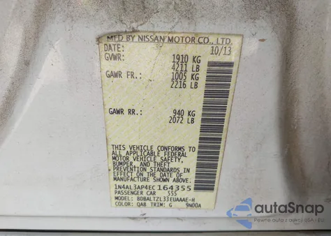 2014 Nissan Altima 2.5 Sv z USA, uszkodzony, nr VIN 1N4AL3AP4EC164355